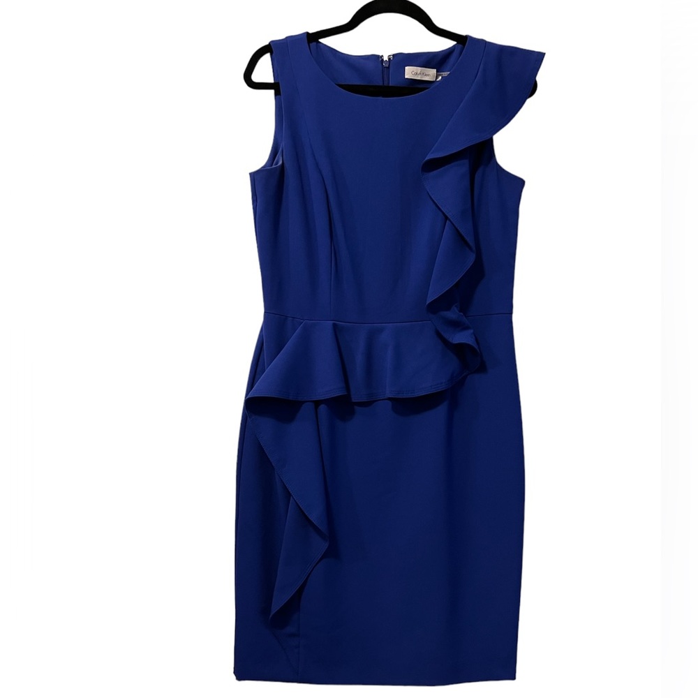 CALVIN KLEIN Asymmetrical Ruffle Dress in Royal Blue
